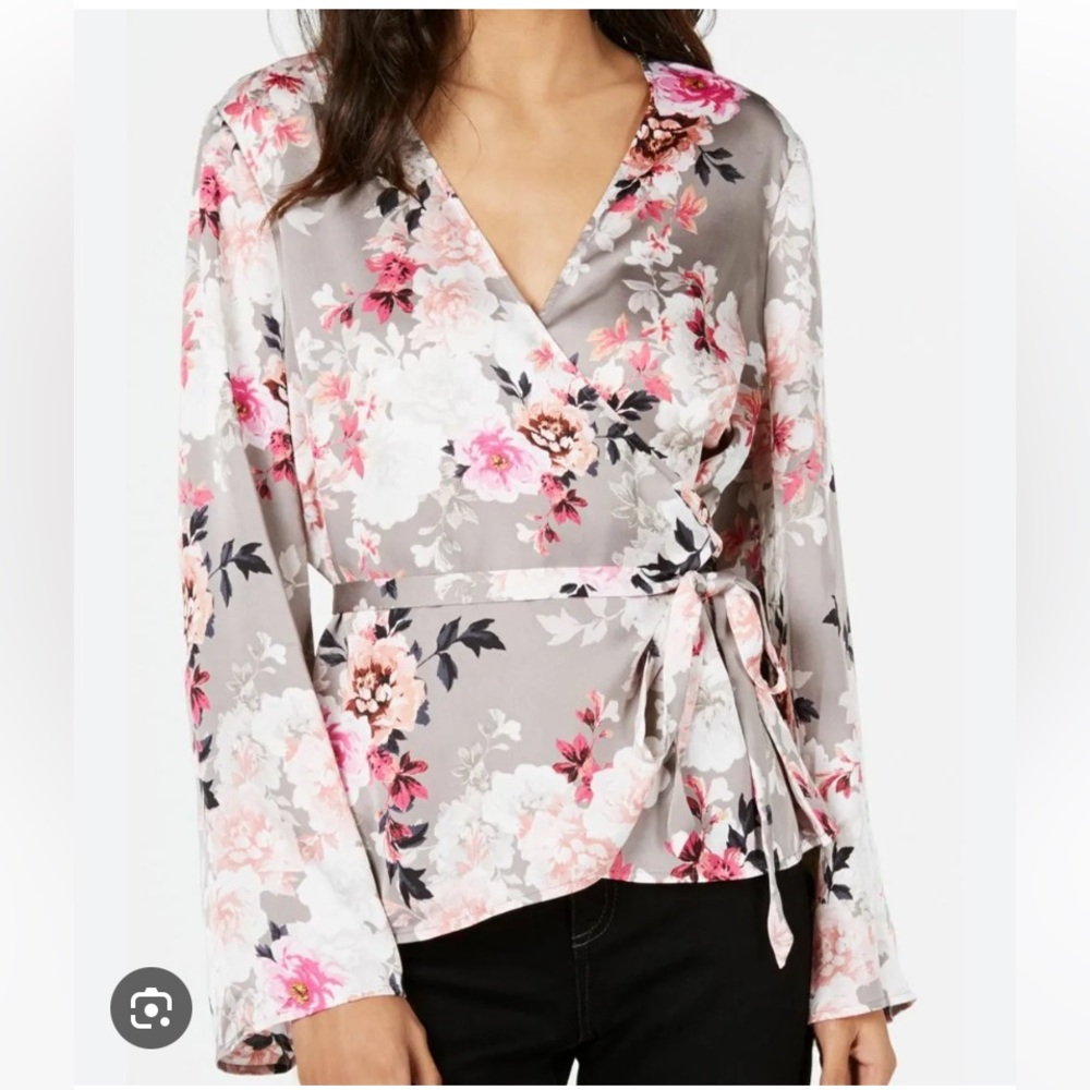 INC Grey & Pink Floral Long Sleeve V-Neck Wrap Blouse